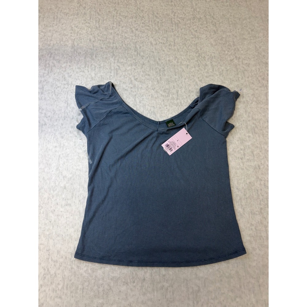 Wild Fable Slate Blue Ribbed Knit Scoop Neck Cap Sleeve Top Large NWT